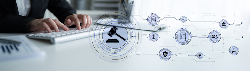 Futuristic digital law interface displaying justice scale, highlighting digital law, AI compliance,...