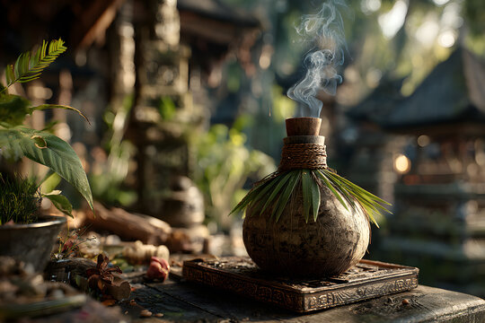 Botol arak Bali berbalut anyaman daun kelapa muda, dletakkan di altar kecil degan dupa menyala, latar beakang pura dan sinar matahri pagi, sangat detail danatmosferik