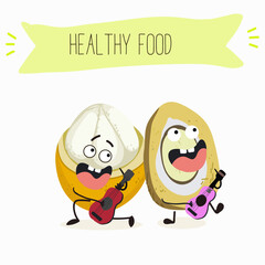 Platonia insignis, bacuri, funny characters, hand drawn vector illustration.