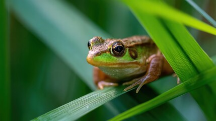 Fototapeta premium Close-Up View of a Green Frog Among Lush Greenery in Nature