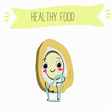 Platonia insignis, bacuri, funny characters, hand drawn vector illustration.