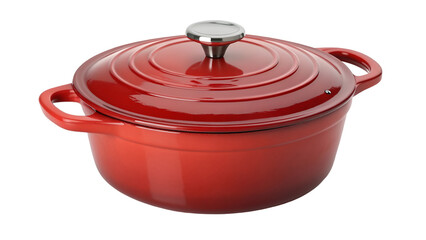 red pot with lid, Red cast iron enamel frying pan. Dutch oven, isolated on transparent background PNG