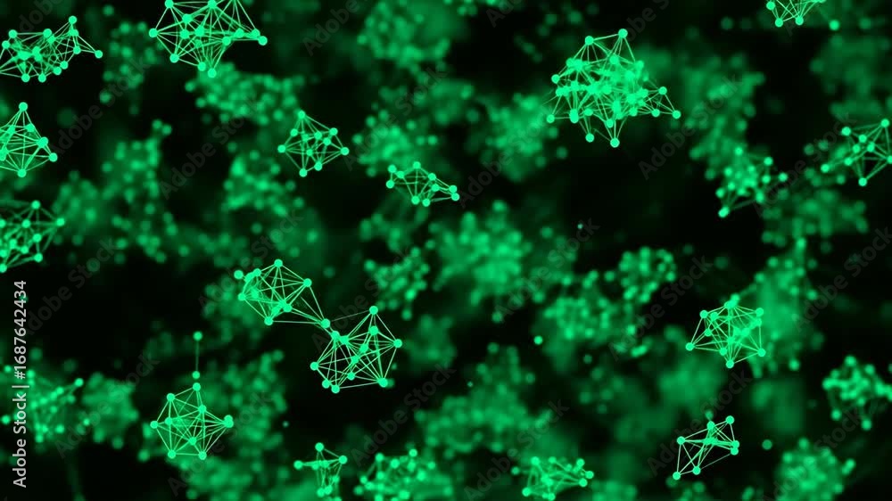 Poster green quantum particles flickering and dancing - abstract cinematic video featuring green molecular 