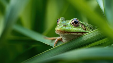 Fototapeta premium Close-Up of a Green Frog Amidst Lush Green Grass and Leaves