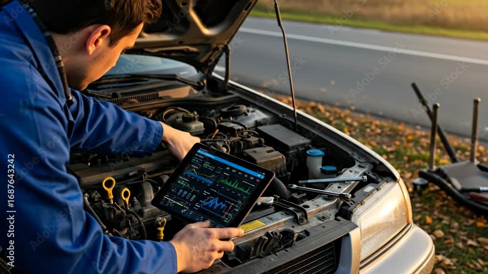 Poster mechanic using tablet for car diagnostics - a mechanic uses a tablet computer to diagnose a car engi