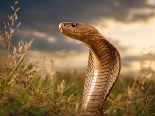 Fototapeta premium Majestic Cobra Reaching Up in Grasslands Under Dramatic Sky