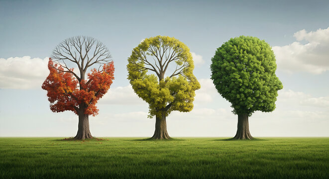 Three trees resembling human heads stand in a field. An allegorical depiction of changing seasons and life stages. Growth mindset, cyclical nature, ecological metaphor.