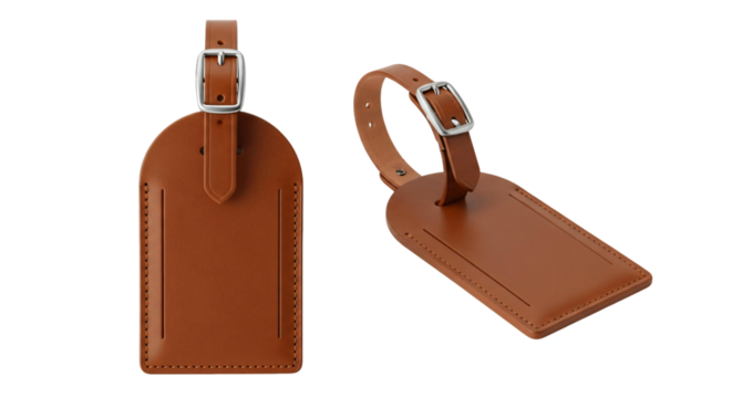 Brown Leather Luggage Tag with Silver Buckle.