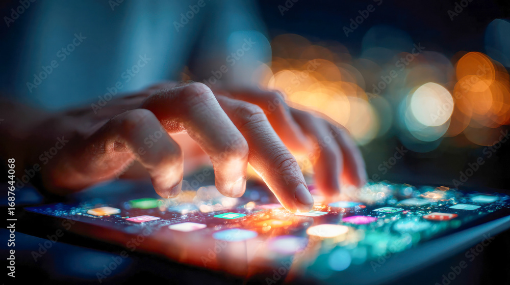 Poster hands interacting with illuminated tablet screen showing colorful digital icons in dark setting