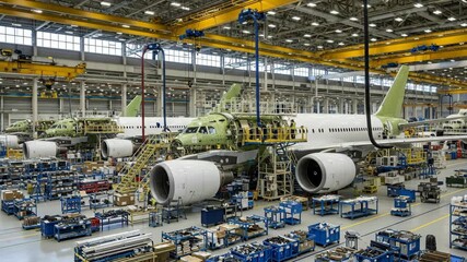 Airplane Manufacturing Plant Assembly Line - Two airplanes are in various stages of assembly within a large, modern aircraft manufacturing facility. - Powered by Adobe