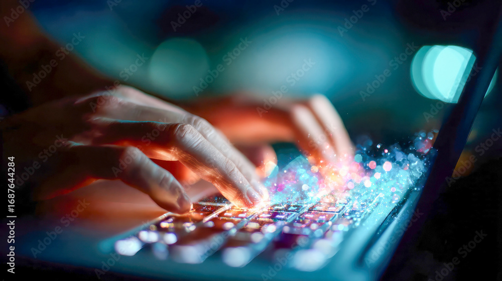 Poster futuristic close-up of a digital finger with glowing particles typing on a keyboard