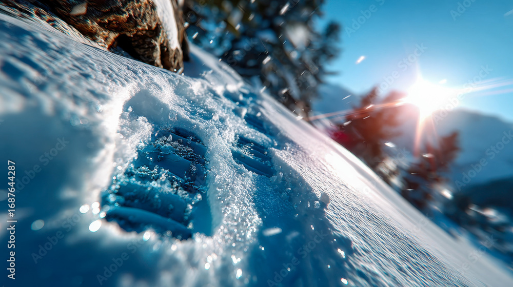 Poster close-up of a paw print in fresh snow with dynamic snow particles scattering in the air