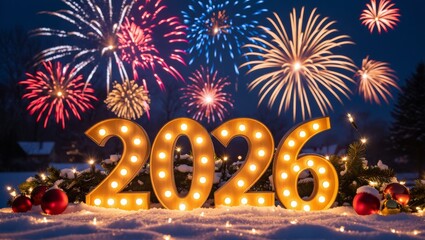 Magical New Year 2026 Celebration with Glowing Numbers, Fireworks and Snowy Night Background