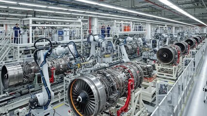 Aerospace Engine Assembly Line - A high-angle, wide shot of a modern aerospace manufacturing plant showcasing a sophisticated assembly line with robotic arms meticulously working on jet engines. - Powered by Adobe