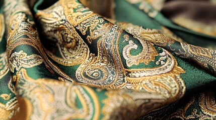 Obraz premium Paisley patterned tie in rich emerald green and gold tones artfully displayed on a rustic fabric evoking a sophisticated and vintage inspired design with intricate details