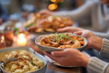 Hands gently passing warm dishes across family Thanksgiving table, holiday meal shared.