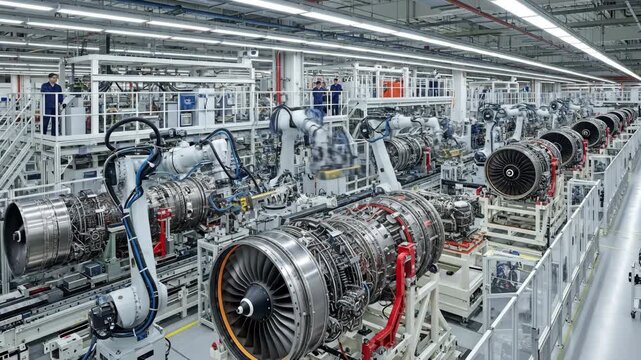 Aerospace Engine Assembly Line - A high-angle, wide shot of a modern aerospace manufacturing plant showcasing a sophisticated assembly line with robotic arms meticulously working on jet engines.