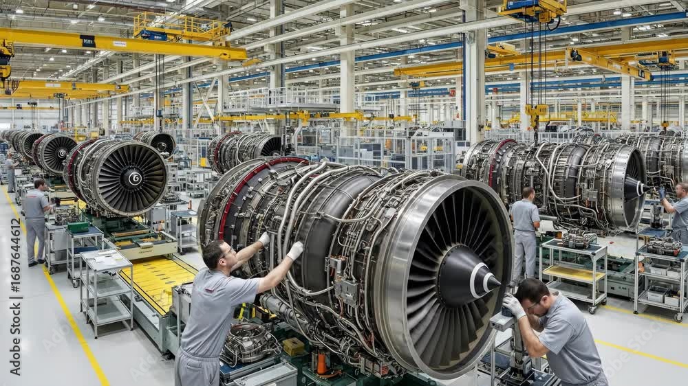 Poster jet engine assembly line - technicians work on jet engines in a large, modern manufacturing facility