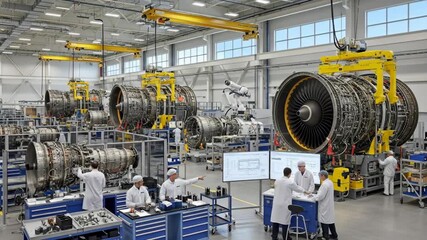 Aircraft Engine Manufacturing Facility - A large industrial facility showcasing the assembly and testing of aircraft engines.