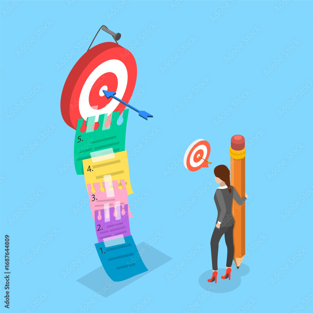 Poster 3d isometric flat vector illustration of tasks prioritization, businessman using sticky notes to pla