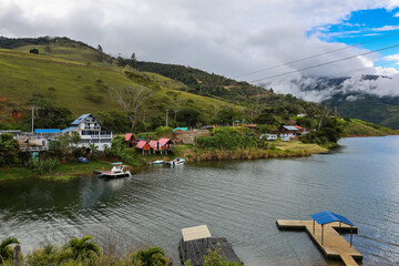 View of the biggest artificial lake in Colombia called Calima Lake located on the mountains of Darien at the region of Valle del Cauca