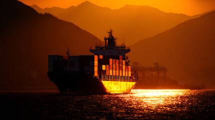 A silhouetted cargo ship with containers sails across a shimmering sea at sunset, against a backdrop of misty mountains.