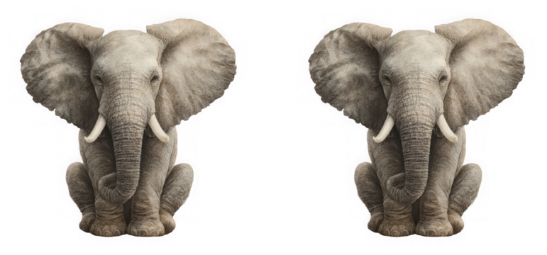 Two textured elephant figurines facing forward isolated on transparent background