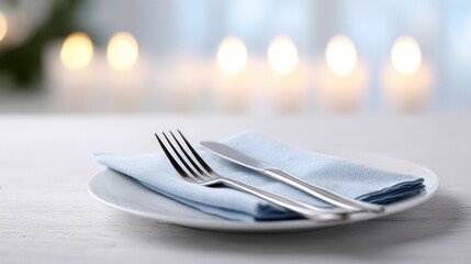 Elegant table setting featuring silverware and soft blue napkin,
