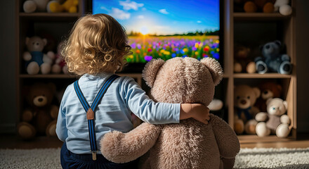 Young child embracing teddy bear, watching colorful landscape on TV screen in cozy room. An intimate view of childhood and comfort. . Escapism, precious moment, home entertainment.
