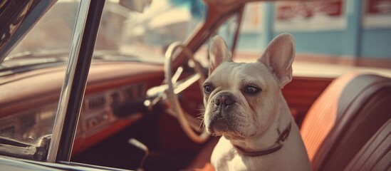 Charming French Bulldog in Vintage Car Cabin with Sunlight Play