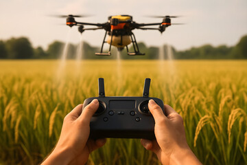 Drone Spraying Pesticide Over Rice
