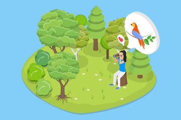 3D Isometric Flat Vector Illustration of Bird Observing, Person Using Binoculars For Bird Watching Sitting On Large Rock In Forest