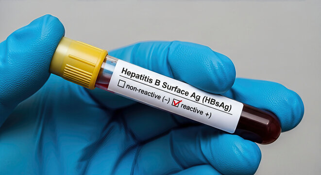 Gloved hand holds a blood sample with a reactive Hepatitis B surface antigen test. A close-up macro shot for medical and lab use. Diagnostic medicine, infectious disease, clinical test.