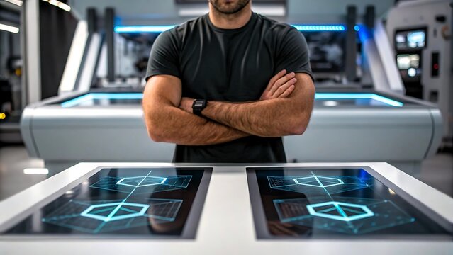 Man in futuristic laboratory with glowing interactive screens