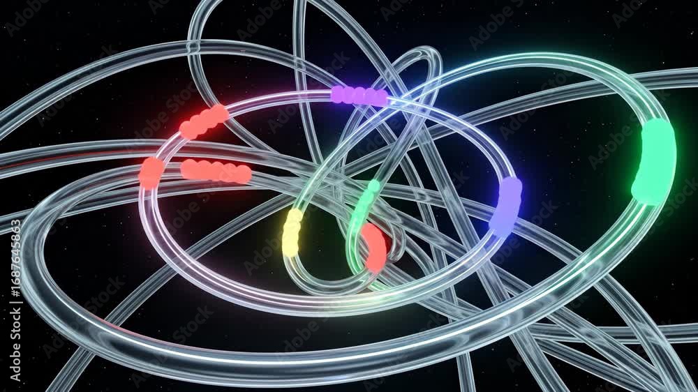 Poster luminous qubits navigating complex system - glowing orbs travel along translucent pathways forming a