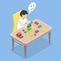 Obraz premium 3D Isometric Flat Vector Illustration of Educational Toys, Cheerful Boy Playing With Blocks At The Table.