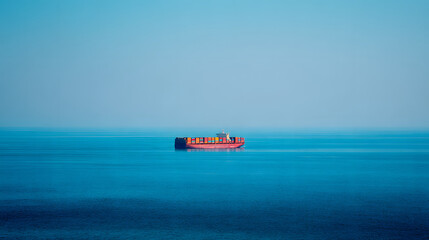 A large cargo ship floats serenely on calm blue waters, surrounded by a misty atmosphere.