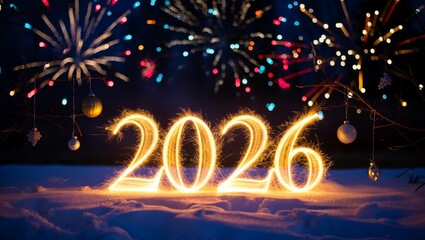 Magical New Year 2026 Celebration with Glowing Numbers, Fireworks and Snowy Night Background