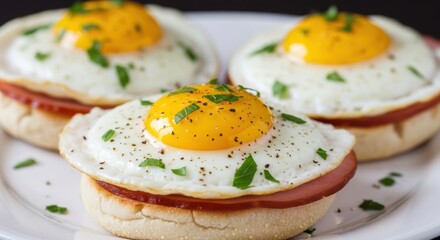 Delicious English Muffin Breakfast with Fried Eggs and Ham