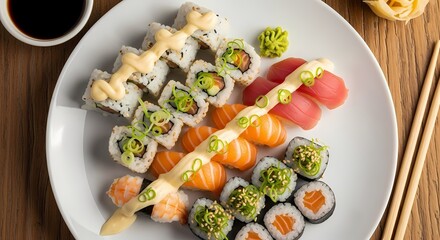 An overhead view of a delicious platter of assorted sushi, including maki rolls and nigiri with salmon and tuna, served with wasabi and soy sauce.