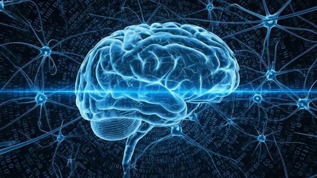 An xraylike blue brain is surrounded by blue neurons against a dark backdrop of binary code