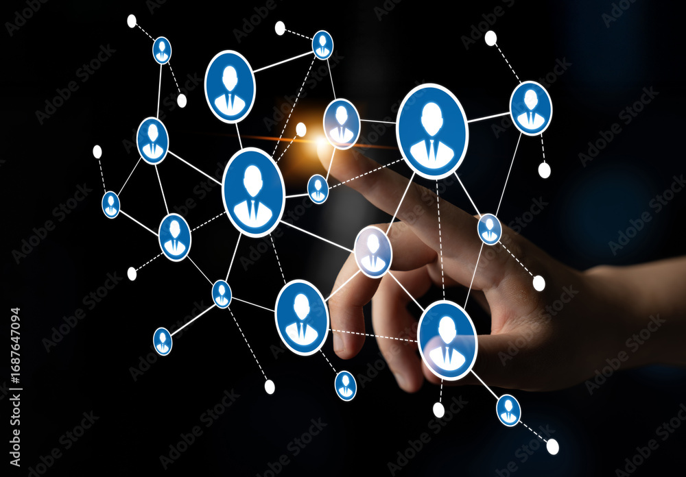 Poster a hand interacts with a digital network showcasing user icons and connections, symbolizing the impor