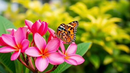A vibrant butterfly with orange and black wings delicately perches on bright pink frangipani flowers in a lush garden. - Powered by Adobe