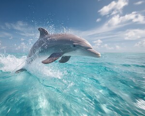 Naklejka premium Dolphin Jumping Out of Clear Turquoise Ocean Water under Bright Sky