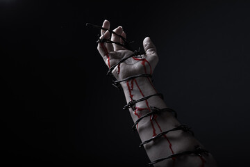Bleeding Arm Wrapped in Barbed Wire