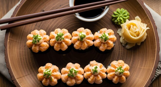 A close-up overhead shot of a platter of delicious-looking sushi rolls arranged in a flower pattern, served with chopsticks, soy sauce, wasabi, and pickled ginger.