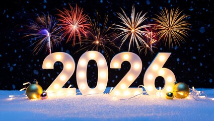 Magical New Year 2026 Celebration with Glowing Numbers, Fireworks and Snowy Night Background