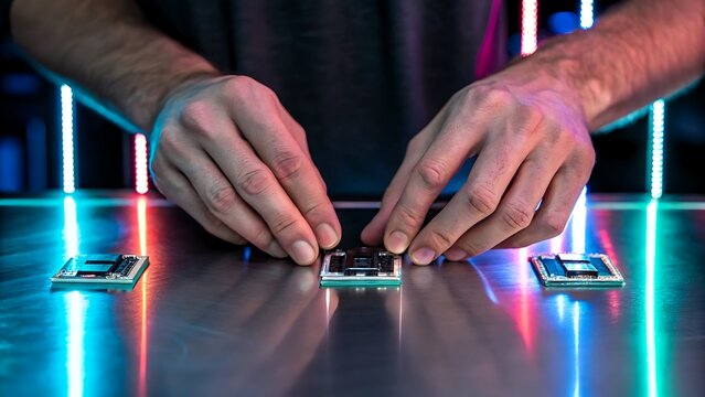 Hands assembling computer processors with neon lights in the background