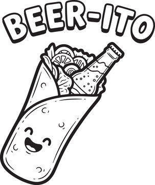 Naklejki Beer-ito Funny Burrito Cartoon with Beer Bottle and Mexican Food Illustration