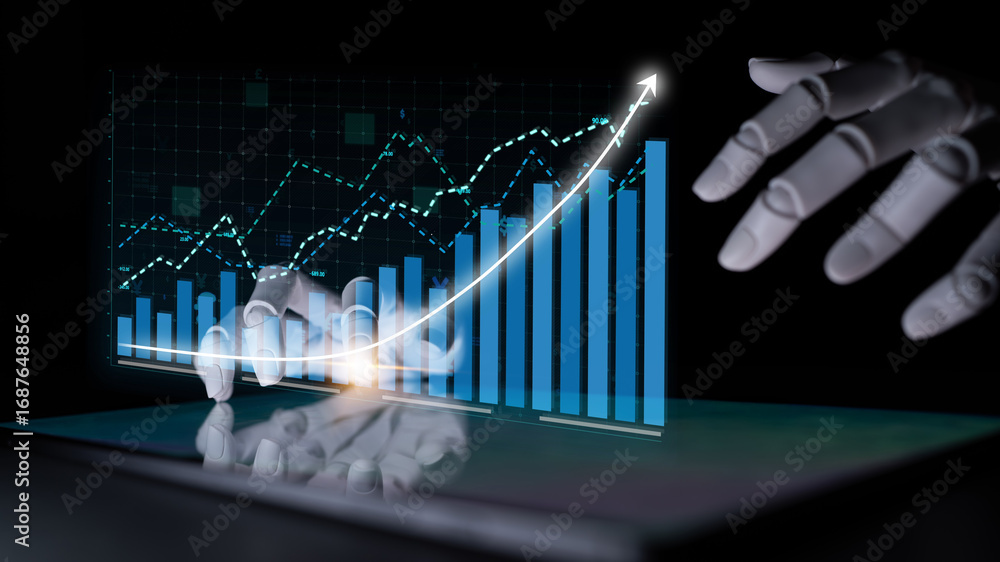 Aufkleber a robotic hand interacts with dynamic financial graphs, illustrating the rise of technology in data 